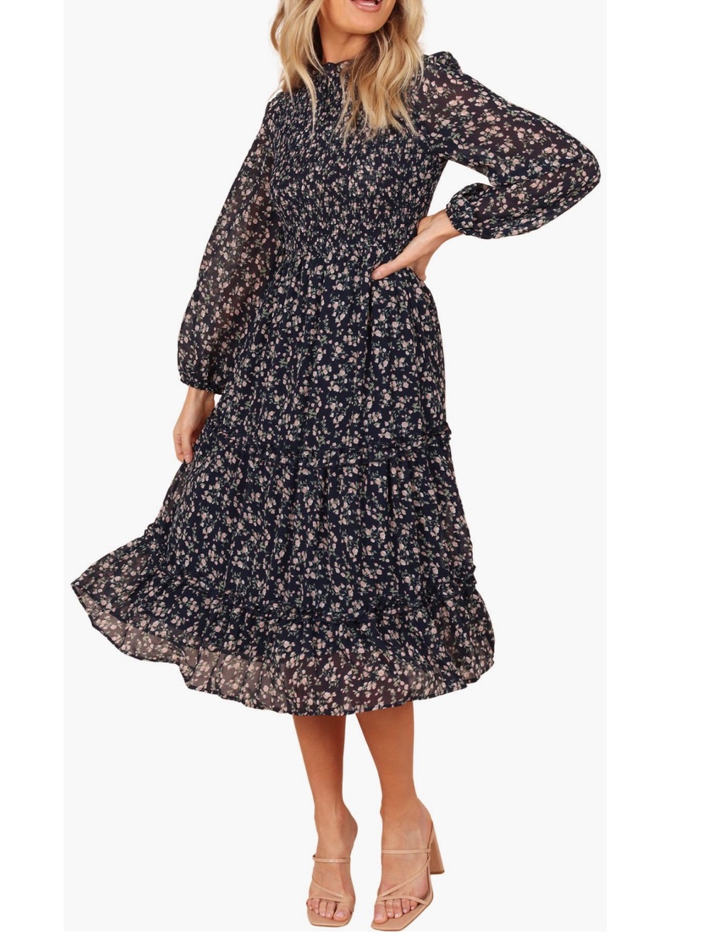 Petal & Pup Black Floral Smocked Midi Dress